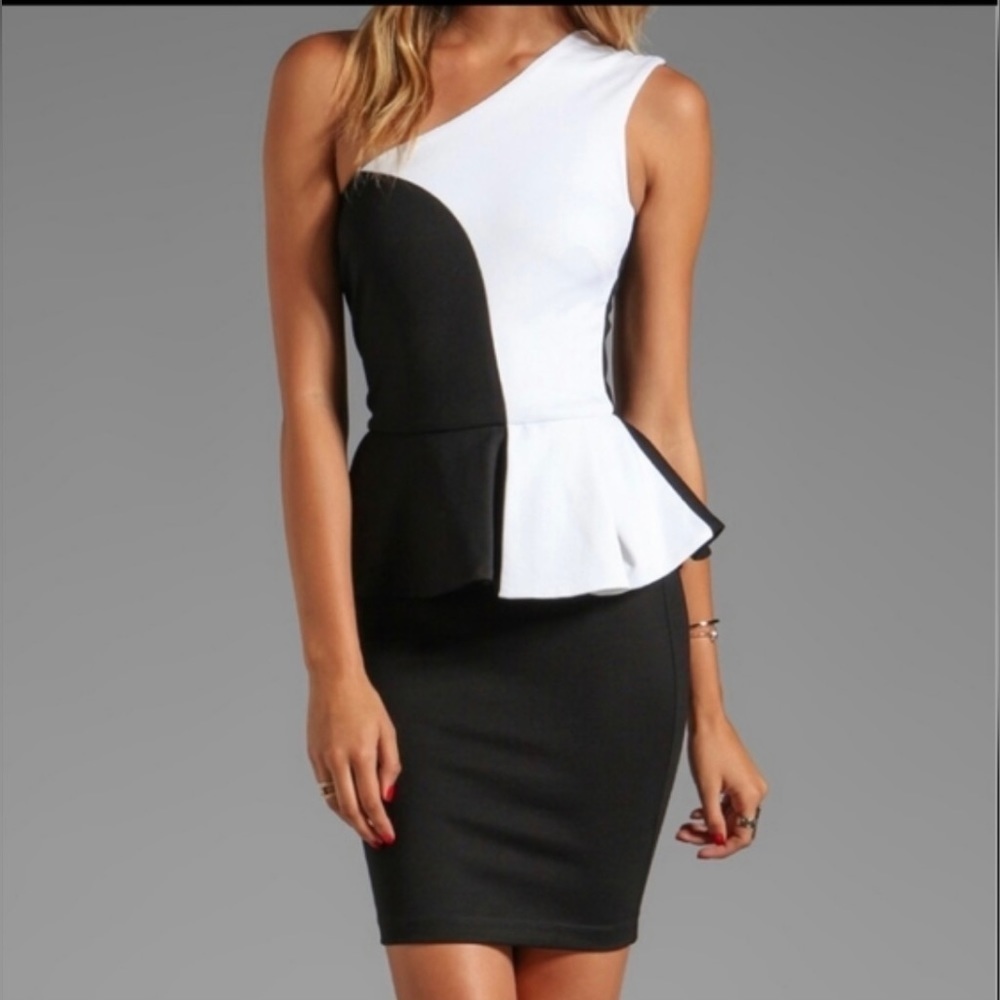 Torn by Ronny Kobo One Shoulder Peplum Mini Dress Size M Black/White